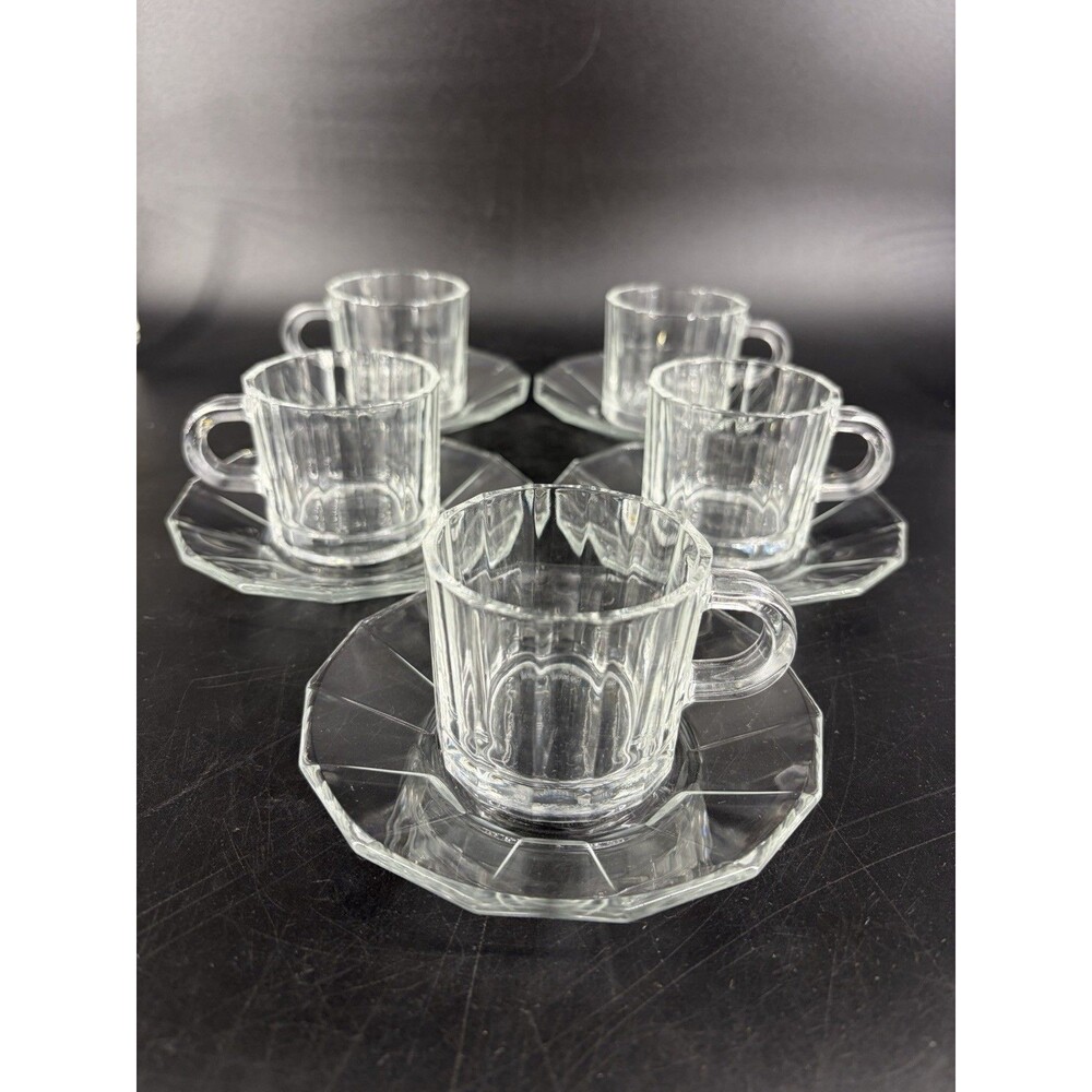 Bormioli Oxford Clear Glass Espresso Cups & Saucers Set 5 - Demitasse Italy